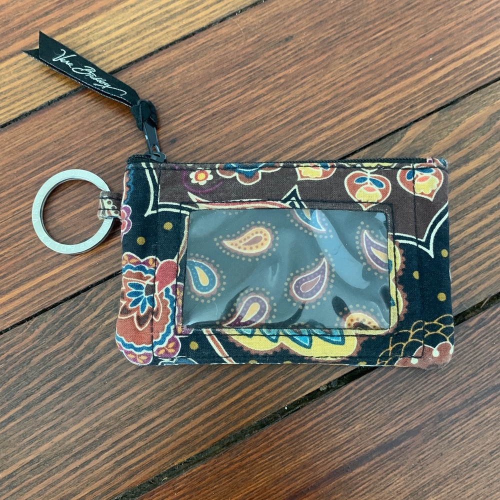 Vera Bradley retired brown zipper coin pouch / card holder with window for ID